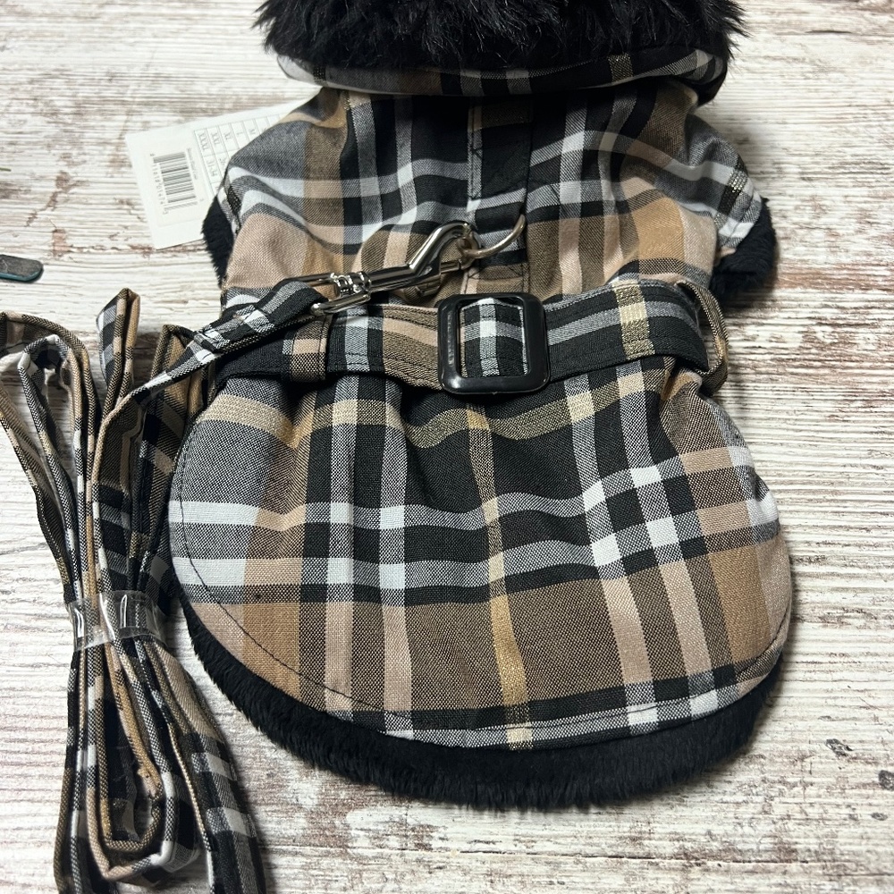 Doggie Design brown plaid coat with leash size small